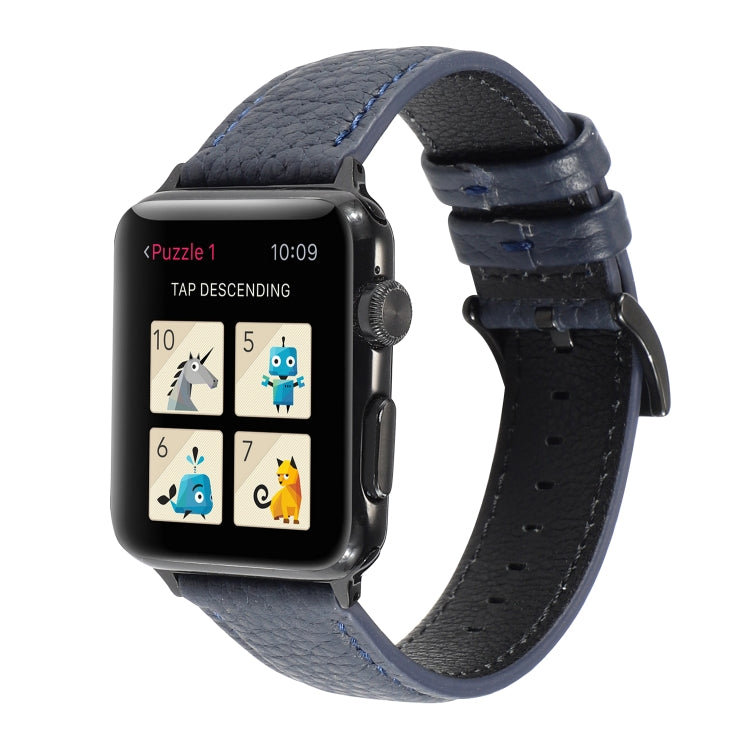 Litchi Texture Genuine Leather Watch Band For Apple Watch Series 7 41mm / 6 & SE & 5 & 4 40mm / 3 & 2 & 1 38mm(Navy Blue) by bashfashion