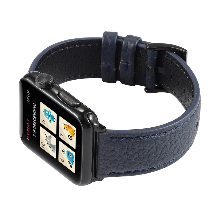 Litchi Texture Genuine Leather Watch Band For Apple Watch Series 7 41mm / 6 & SE & 5 & 4 40mm / 3 & 2 & 1 38mm(Navy Blue) by bashfashion
