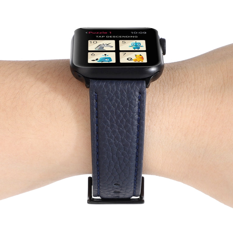 Litchi Texture Genuine Leather Watch Band For Apple Watch Series 7 41mm / 6 & SE & 5 & 4 40mm / 3 & 2 & 1 38mm(Navy Blue) by bashfashion