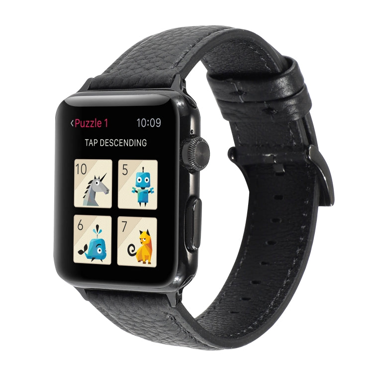 Litchi Texture Genuine Leather Watch Band For Apple Watch Series 7 41mm / 6 & SE & 5 & 4 40mm / 3 & 2 & 1 38mm(Black) by bashfashion