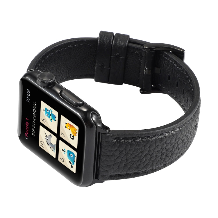 Litchi Texture Genuine Leather Watch Band For Apple Watch Series 7 41mm / 6 & SE & 5 & 4 40mm / 3 & 2 & 1 38mm(Black) by bashfashion