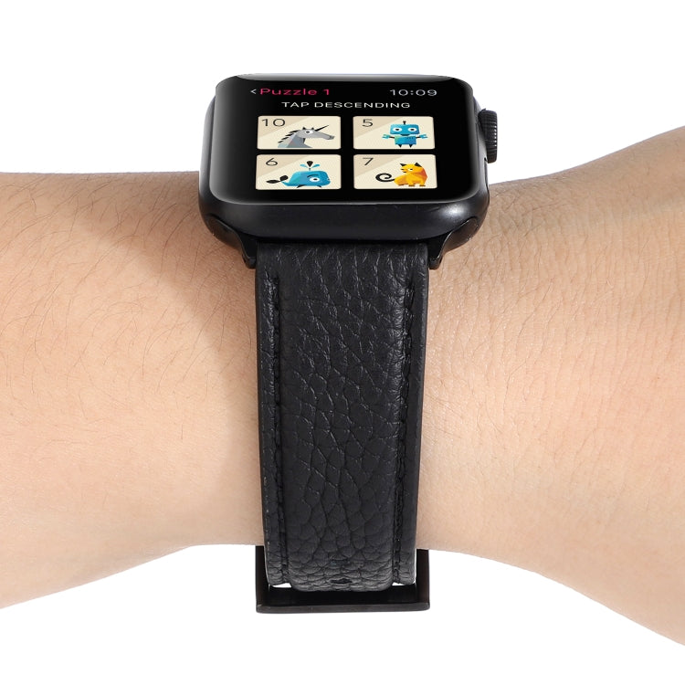 Litchi Texture Genuine Leather Watch Band For Apple Watch Series 7 41mm / 6 & SE & 5 & 4 40mm / 3 & 2 & 1 38mm(Black) by bashfashion