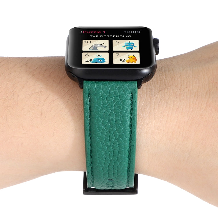 Litchi Texture Genuine Leather Watch Band For Apple Watch Series 7 45mm / 6 & SE & 5 & 4 44mm / 3 & 2 & 1 42mm(Green) by bashfashion