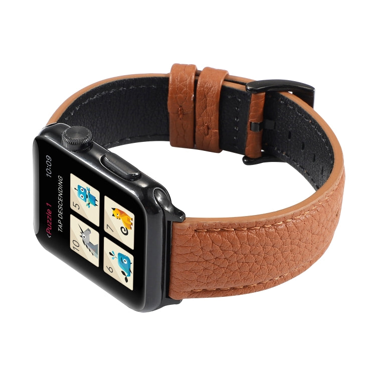 Litchi Texture Genuine Leather Watch Band For Apple Watch Series 7 45mm / 6 & SE & 5 & 4 44mm / 3 & 2 & 1 42mm(Brown) by bashfashion