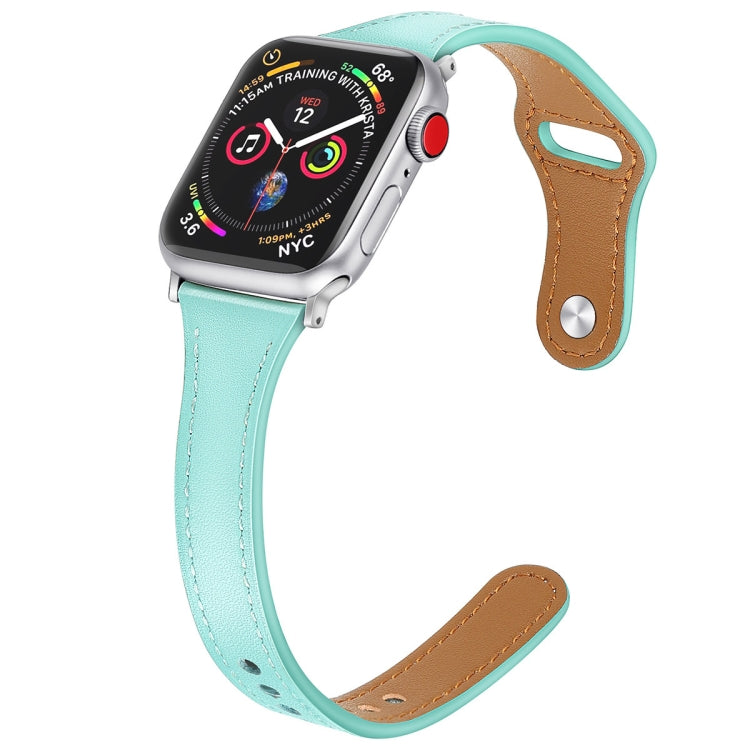 Leather Watch Band with Steel Button For Apple Watch Series 9&8&7 41mm / SE 3&SE 2&6&SE&5&4 40mm / 3&2&1 38mm(Mint Green) by bashfashion