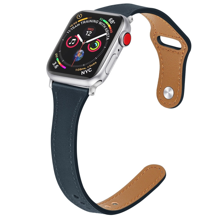 Leather Watch Band with Steel Button For Apple Watch Series 9&8&7 41mm / SE 3&SE 2&6&SE&5&4 40mm / 3&2&1 38mm(Blue) by bashfashion