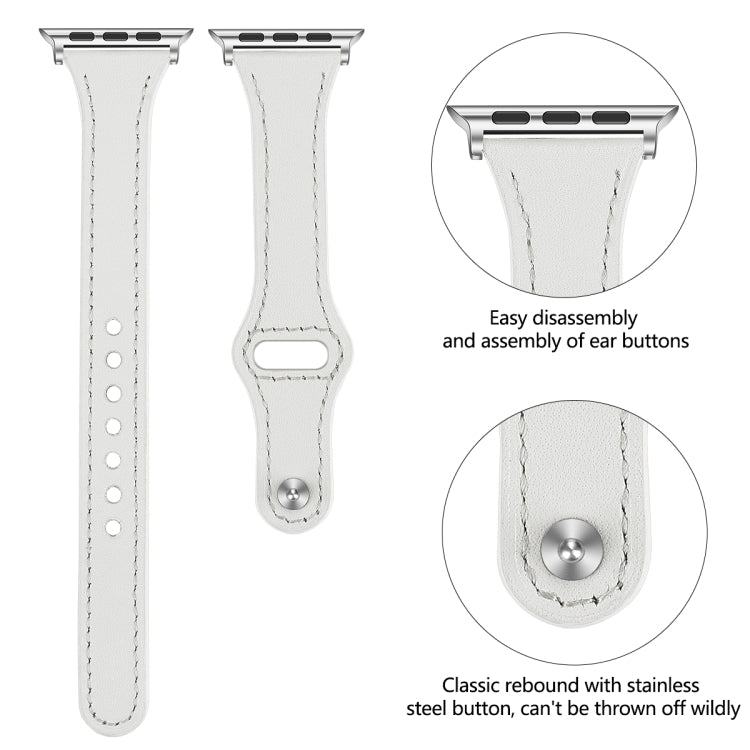 Leather Watch Band with Steel Button For Apple Watch Series 7 45mm / 6 & SE & 5 & 4 44mm / 3 & 2 & 1 42mm(White) by bashfashion
