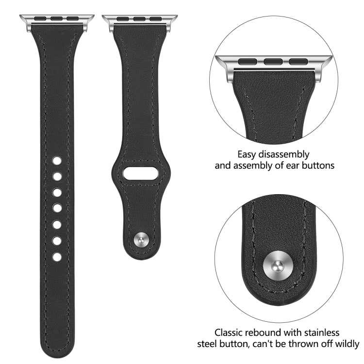 Leather Watch Band with Steel Button For Apple Watch Ultra 49mm&Watch Ultra 2 49mm / Series 9&8&7 45mm / SE 3&SE 2&6&SE&5&4 44mm / 3&2&1 42mm(Black) by bashfashion