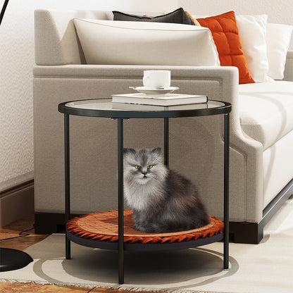 Coffee Table Share with Pets Multi-function Tempered Glass Round Shape Tabletop Tea Table, Size: 21.6x21.6x20.2 inch by bashfashion