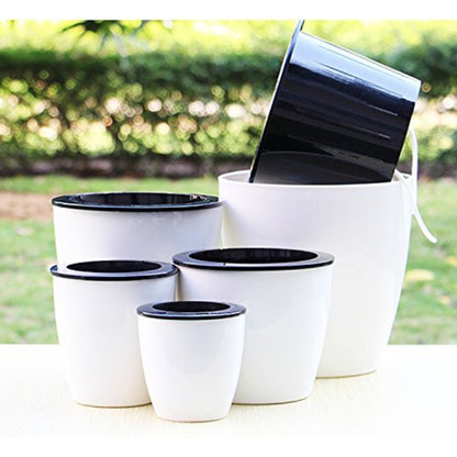 Lazy Flower Pots Automatic Water-absorbing Hydroponic Potted Plants Circular Resin Plastic Flower Pots Double-layer Design Self Watering Planter, Diameter: 13cm, Height: 13.7cm(White) by bashfashion