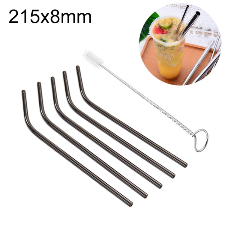 5pcs Reusable Stainless Steel Bent Drinking Straw + Cleaner Brush Set Kit, 215*8mm(Black) by bashfashion
