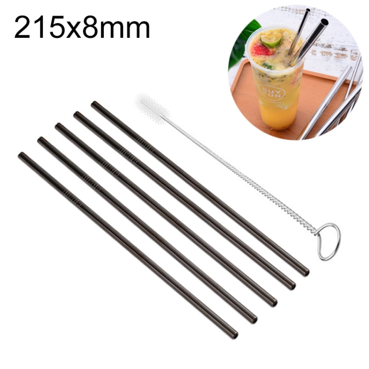 5pcs Reusable Stainless Steel Straight Drinking Straw + Cleaner Brush Set Kit, 215*8mm(Black) by bashfashion
