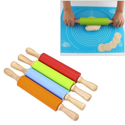 kn055 Solid Wooden Handle Silicone Rolling Pin Non-stick Food Dumpling Stick, Length: 38cm, Random Color Delivery by bashfashion