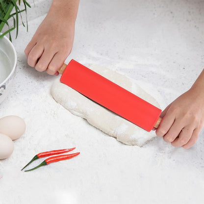 kn055 Solid Wooden Handle Silicone Rolling Pin Non-stick Food Dumpling Stick, Length: 38cm, Random Color Delivery by bashfashion