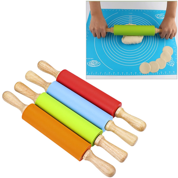 kn055 Solid Wooden Handle Silicone Rolling Pin Non-stick Food Dumpling Stick, Length: 43cm, Random Color Delivery by bashfashion
