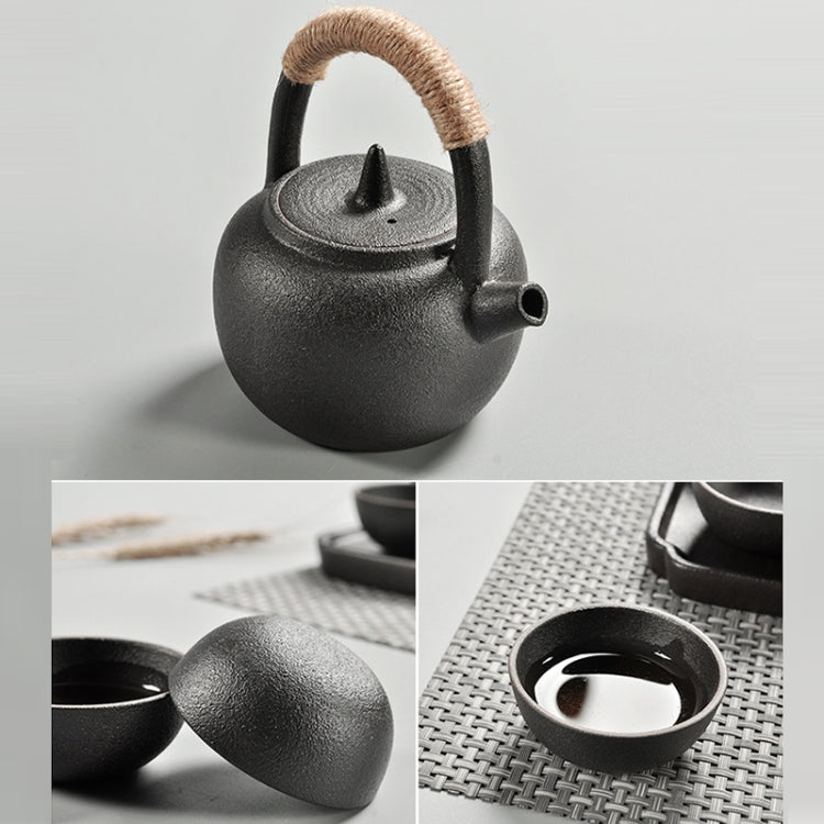 Portable Travel Ceramics Loop Handle Pot Teapot Teacup Set with Tea Tray(Black) by bashfashion