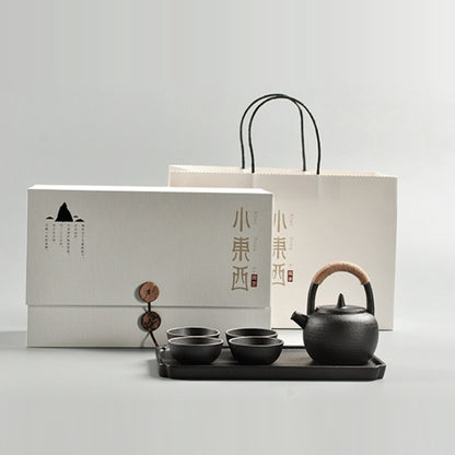 Portable Travel Ceramics Loop Handle Pot Teapot Teacup Set with Tea Tray(Black) by bashfashion