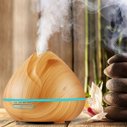 Peach Shape Wood Grain Remote Control Ultrasonic Humidifier Aromatherapy Machine Automatic Alcohol Sprayer with LED Lights, Capacity: 400mL, EU Plug (Dark Wood Color) by bashfashion