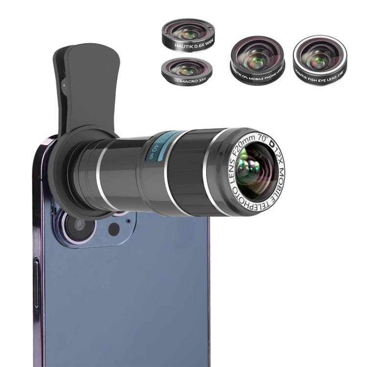 HAUTIK HK-002 5 in 1 180 Degree Fisheye Lens + 0.65X Macro & Wide Lens + 12X Telephoto Lens + Star Line Lens Kits by Hautik