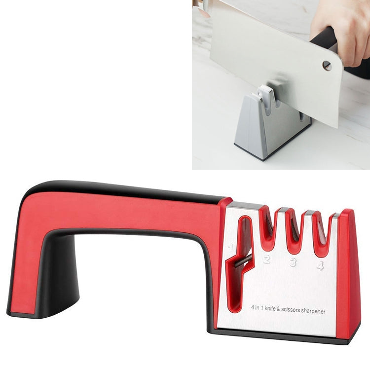 4 in 1 Stainless Steel Knife Sharpener Four Section Hand-held Quick Sharpening Tool with Non Slip Handle(Red) by bashfashion
