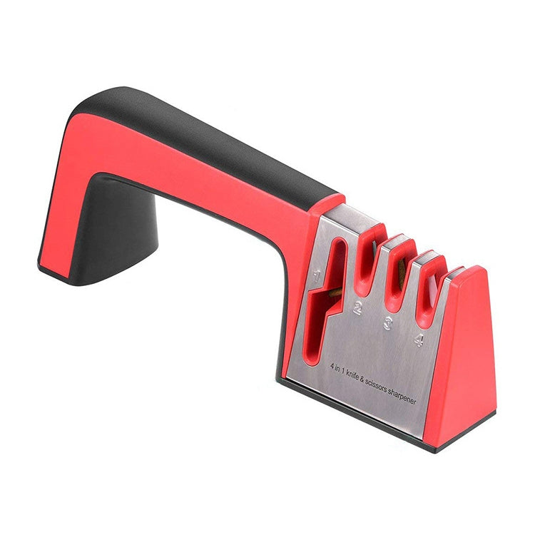 4 in 1 Stainless Steel Knife Sharpener Four Section Hand-held Quick Sharpening Tool with Non Slip Handle(Red) by bashfashion