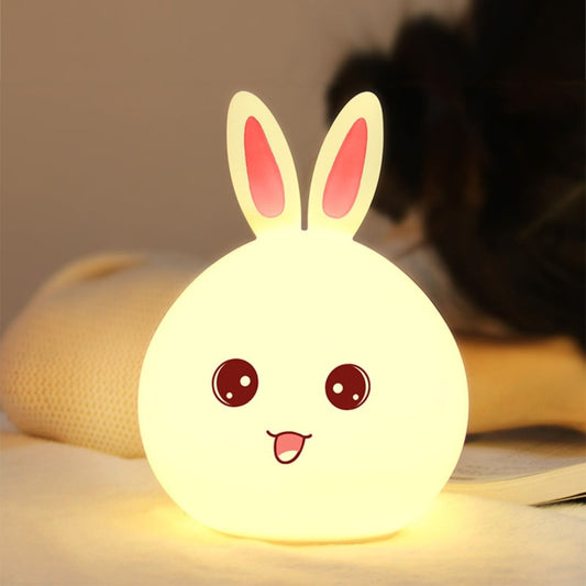 Rabbit Shape Patted Silicone LED Night Light, Creative 7-color Discoloration USB Charging (Pink) by bashfashion