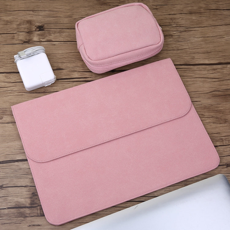 2 in 1 Horizontal Matte Leather Laptop Inner Bag + Power Bag for MacBook 12 inch A1534 (2015 - 2017)(Pink) by bashfashion