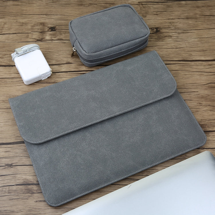 2 in 1 Horizontal Matte Leather Laptop Inner Bag + Power Bag for MacBook 12 inch A1534 (2015 - 2017)(Dark Gray) by bashfashion
