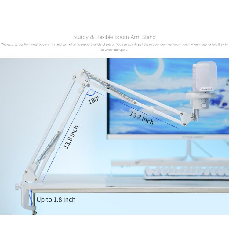 FEELWORLD VM1 USB Condenser Gaming Microphone for Streaming Noise Cancellation Mute RGB Light Boom Arm Stand (White) by FEELWORLD