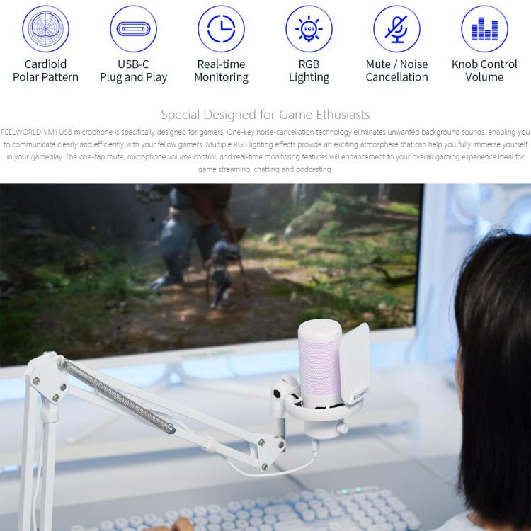 FEELWORLD VM1 USB Condenser Gaming Microphone for Streaming Noise Cancellation Mute RGB Light Boom Arm Stand (White) by FEELWORLD
