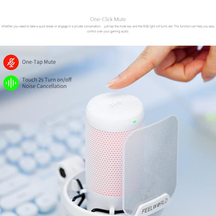 FEELWORLD VM1 USB Condenser Gaming Microphone for Streaming Noise Cancellation Mute RGB Light Boom Arm Stand (White) by FEELWORLD