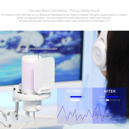 FEELWORLD VM1 USB Condenser Gaming Microphone for Streaming Noise Cancellation Mute RGB Light Boom Arm Stand (White) by FEELWORLD
