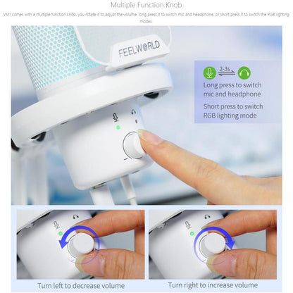 FEELWORLD VM1 USB Condenser Gaming Microphone for Streaming Noise Cancellation Mute RGB Light Boom Arm Stand (White) by FEELWORLD