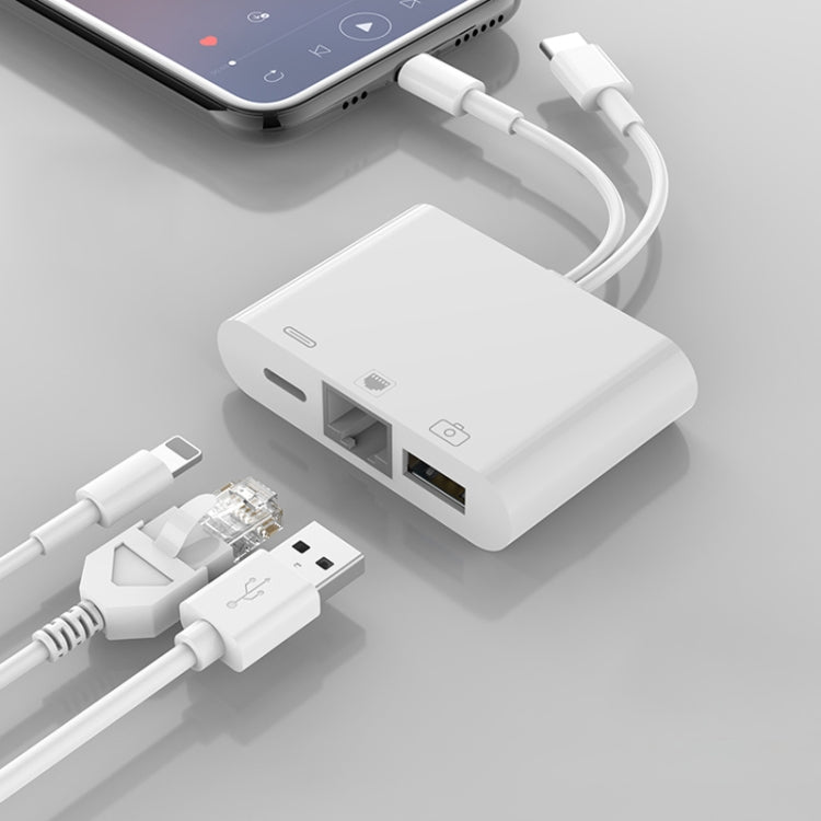 NK-107 Pro 3 in 1 USB-C / Type-C + 8 Pin Male to USB + RJ45 + 8 Pin Charging Female Interface Adapter by bashfashion