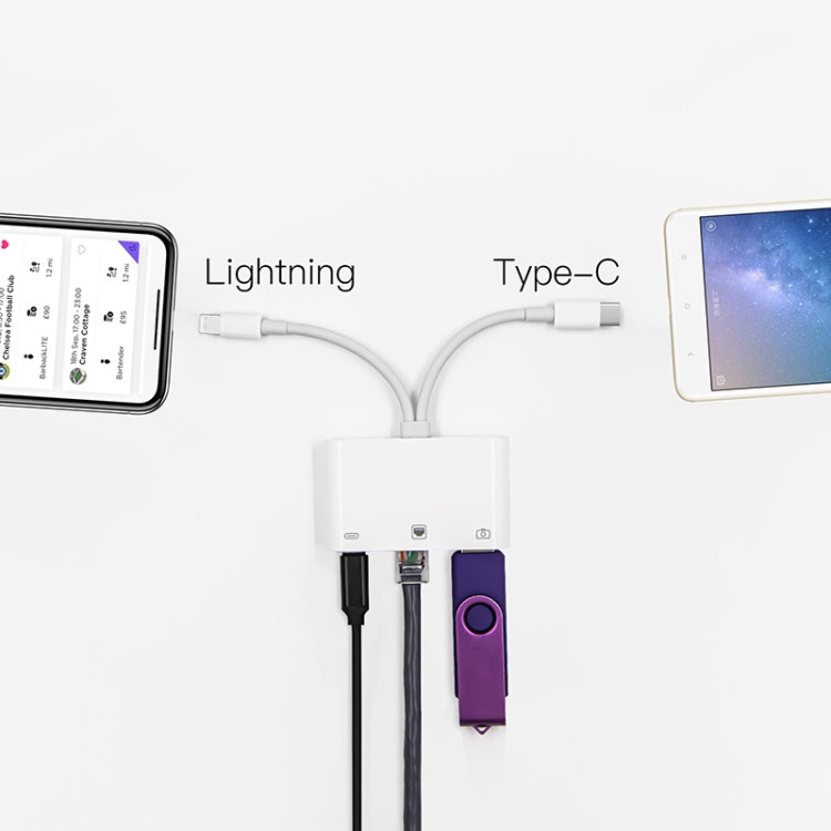 NK-107 Pro 3 in 1 USB-C / Type-C + 8 Pin Male to USB + RJ45 + 8 Pin Charging Female Interface Adapter by bashfashion