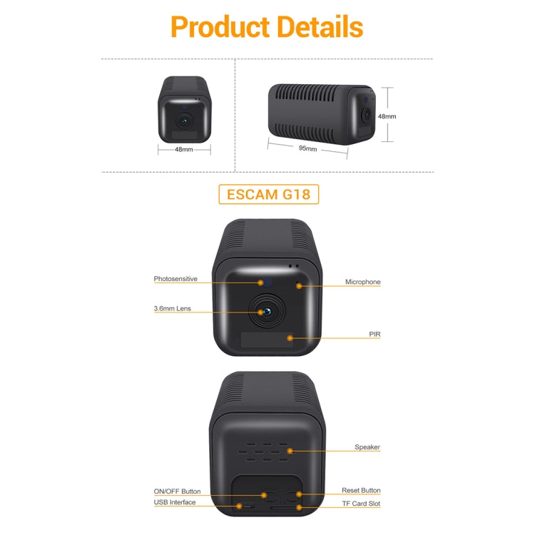 ESCAM G18 1080P Full HD Rechargeable Battery WiFi IP Camera, Support Night Vision / PIR Motion Detection / TF Card / Two Way Audio (Black) by ESCAM