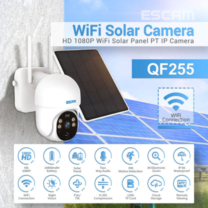 ESCAM QF255 2.0 Million Pixels 1080P HD WiFi Solar Camera, Support Two-way Voice & PIR Motion Detection & Night Vision & TF Card by ESCAM