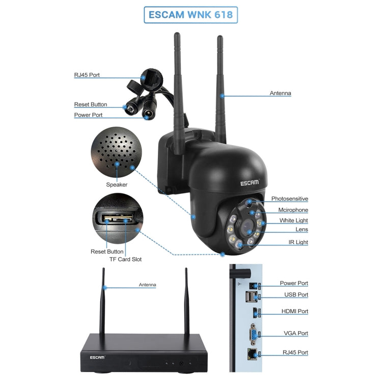 ESCAM WNK618 3.0 Million Pixels 8-channel Wireless Dome Camera HD NVR Security System, Support Motion Detection & Two-way Audio & Full-color Night Vision & TF Card, EU Plug by ESCAM