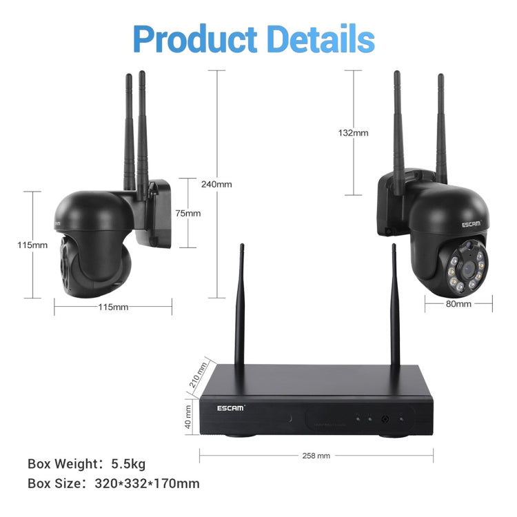 ESCAM WNK618 3.0 Million Pixels 8-channel Wireless Dome Camera HD NVR Security System, Support Motion Detection & Two-way Audio & Full-color Night Vision & TF Card, UK Plug by ESCAM
