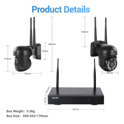 ESCAM WNK618 3.0 Million Pixels 8-channel Wireless Dome Camera HD NVR Security System, Support Motion Detection & Two-way Audio & Full-color Night Vision & TF Card, US Plug by ESCAM