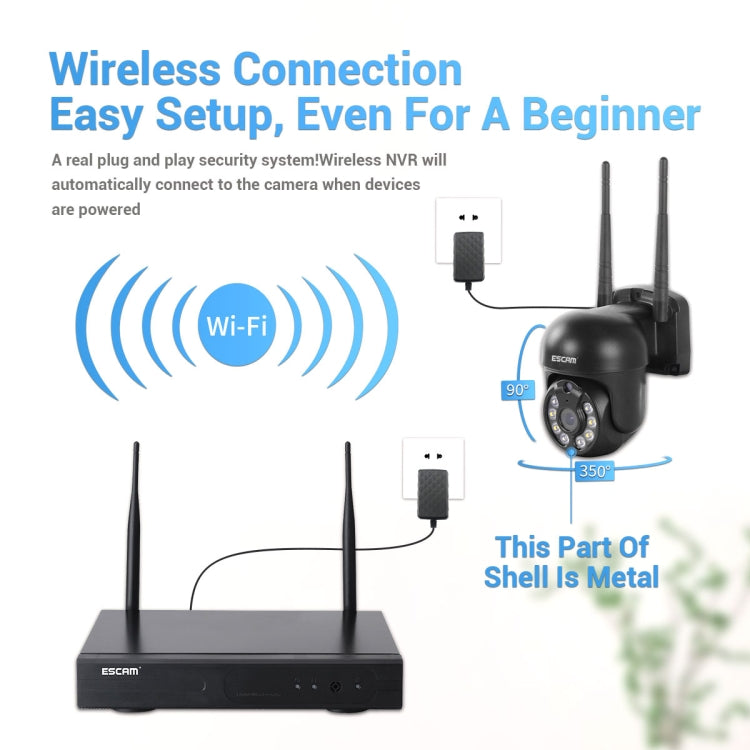 ESCAM WNK618 3.0 Million Pixels 8-channel Wireless Dome Camera HD NVR Security System, Support Motion Detection & Two-way Audio & Full-color Night Vision & TF Card, UK Plug by ESCAM