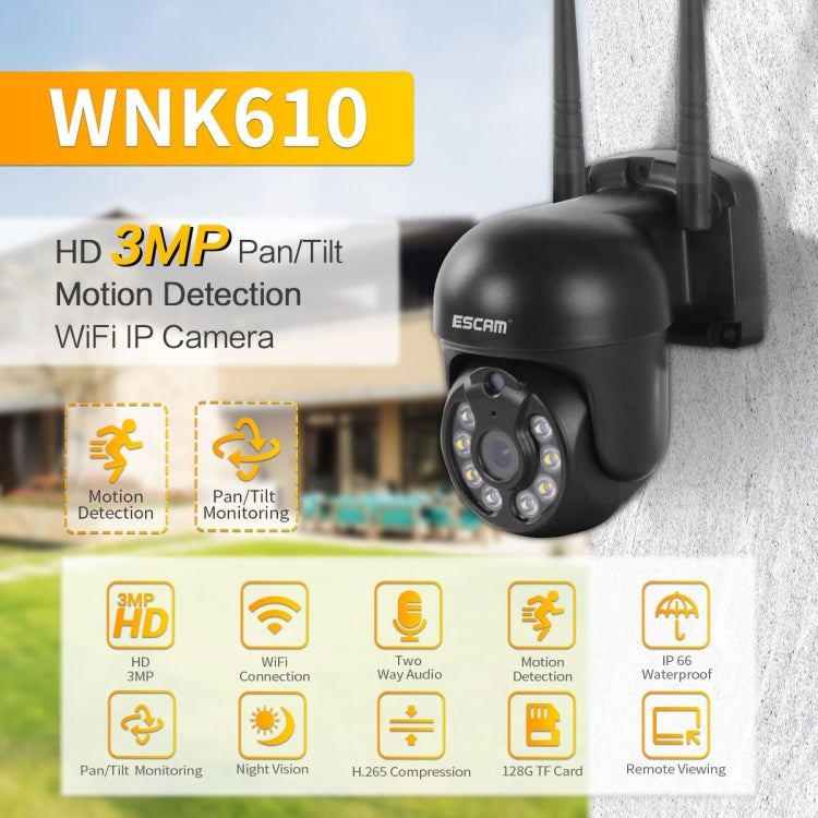 ESCAM WNK610 3.0 Million Pixels Wireless Dome IP Camera, Support Motion Detection & Two-way Audio & Full-color Night Vision & TF Card, US Plug by ESCAM