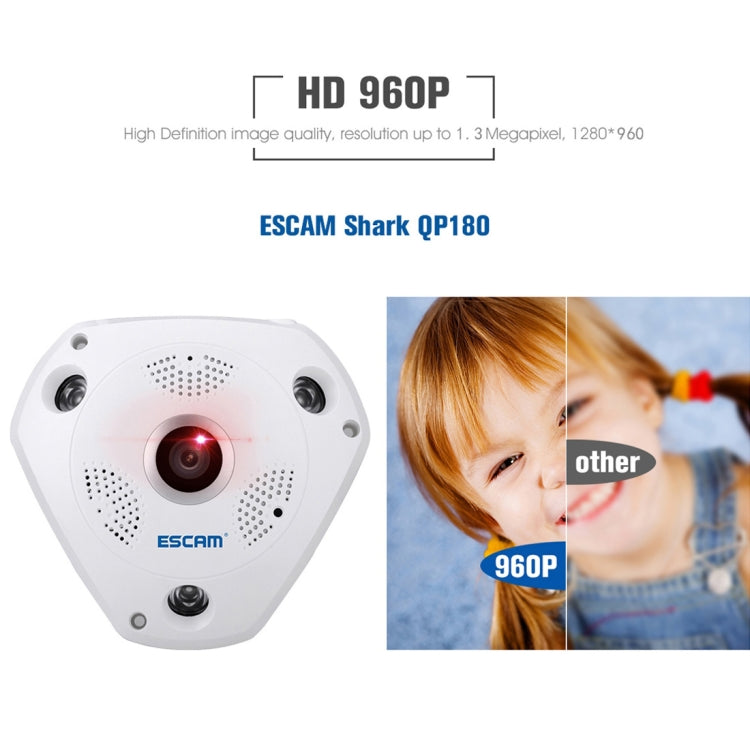ESCAM Shark QP180 960P 360 Degrees Fisheye Lens 1.3MP WiFi IP Camera, Support Motion Detection / Night Vision, IR Distance: 10m by ESCAM