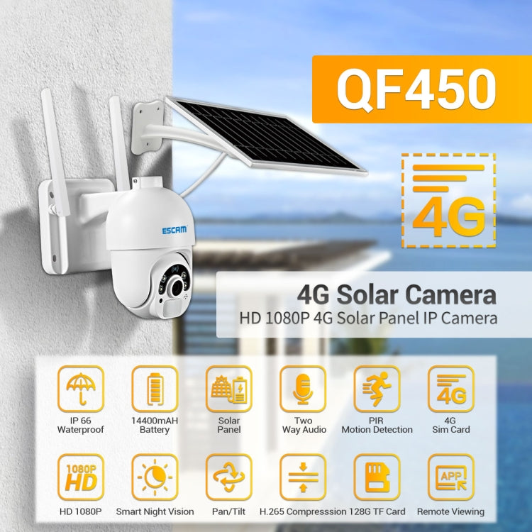 ESCAM QF450 HD 1080P 4G US Version Solar Powered IP Camera with 16G Memory, Support Two-way Audio & PIR Motion Detection & Night Vision & TF Card by ESCAM