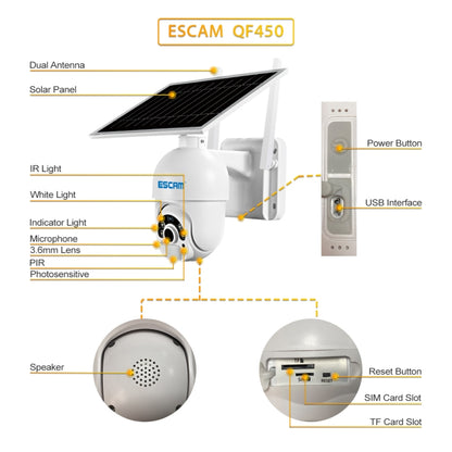 ESCAM QF450 HD 1080P 4G US Version Solar Powered IP Camera with 128G Memory, Support Two-way Audio & PIR Motion Detection & Night Vision & TF Card by ESCAM