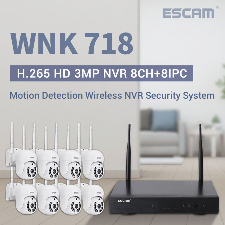 ESCAM WNK718 HD 3.0 Million Pixels 8-channel Wireless + 8IPC Wireless NVR Security System, UK Plug by ESCAM