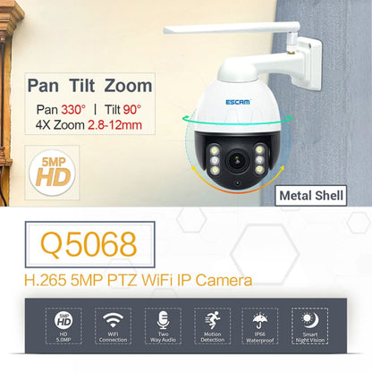 ESCAM Q5068 H.265 5MP Pan / Tilt / 4X Zoom WiFi Waterproof IP Camera, Support ONVIF Two Way Talk & Night Vision, US Plug by ESCAM