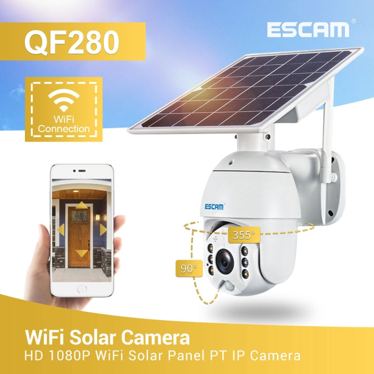ESCAM QF280 HD 1080P IP66 Waterproof WiFi Solar Panel PT IP Camera without Battery, Support Night Vision / Motion Detection / TF Card / Two Way Audio (White) by ESCAM