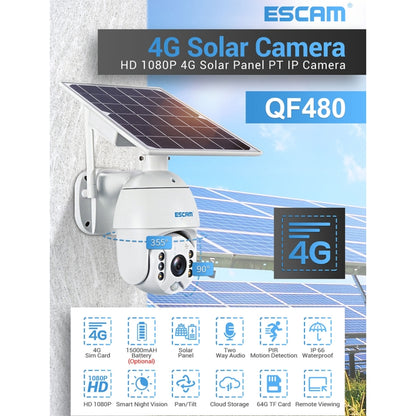 ESCAM QF480 EU Version HD 1080P IP66 Waterproof 4G Solar Panel PT IP Camera without Battery, Support Night Vision / Motion Detection / TF Card / Two Way Audio (White) by ESCAM