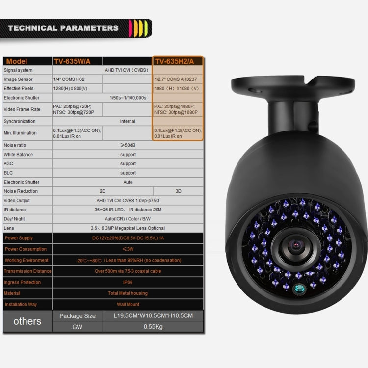 TV-635H2/A IP66 Waterproof 1920x1080P AHD Camera, 1/2.7 inch 2MP CMOS Sensor Lens, Motion Detection, 20m IR Night Vision, CE & RoHS Certificated(Black) by bashfashion